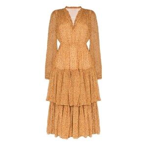 ByTimo- Orange Printed Long Sleeve Ruffle Midi Dress